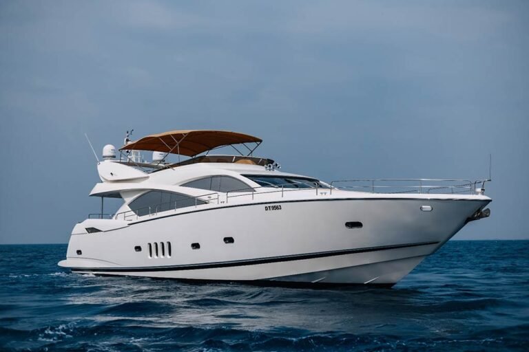 General view of the 82 ft yacht, showcasing its luxury, available at an attractive Dubai daily yacht rental cost